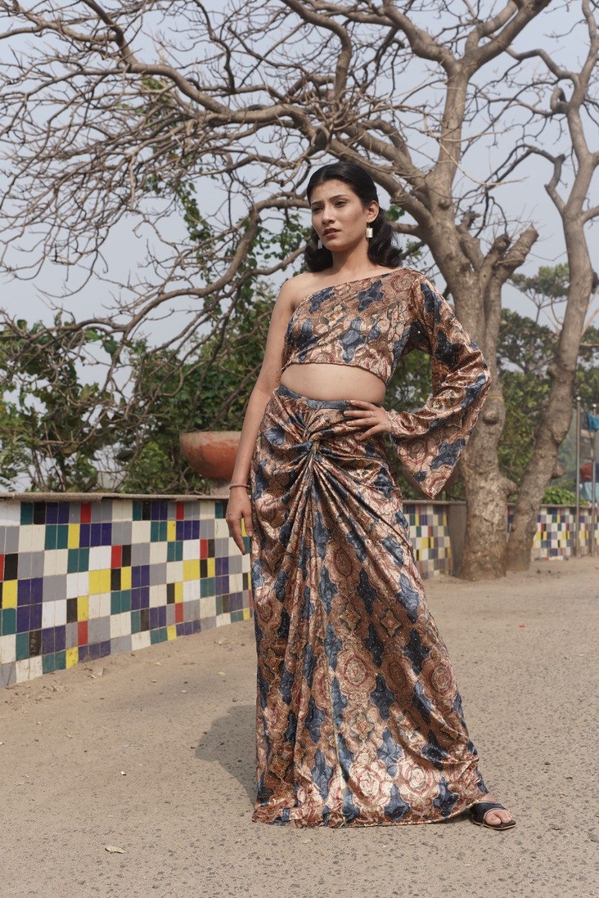 One shoulder crop top & long draped skirt