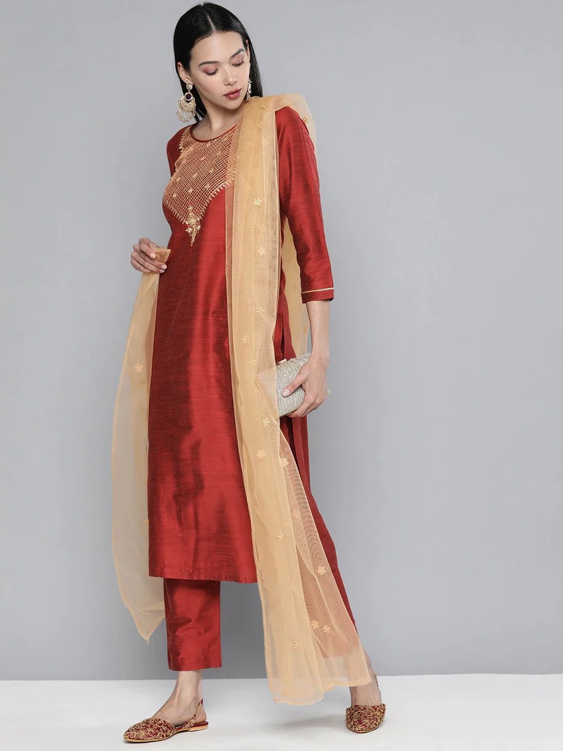South Cotton Kurta Set With Pants and Dupatta For Women