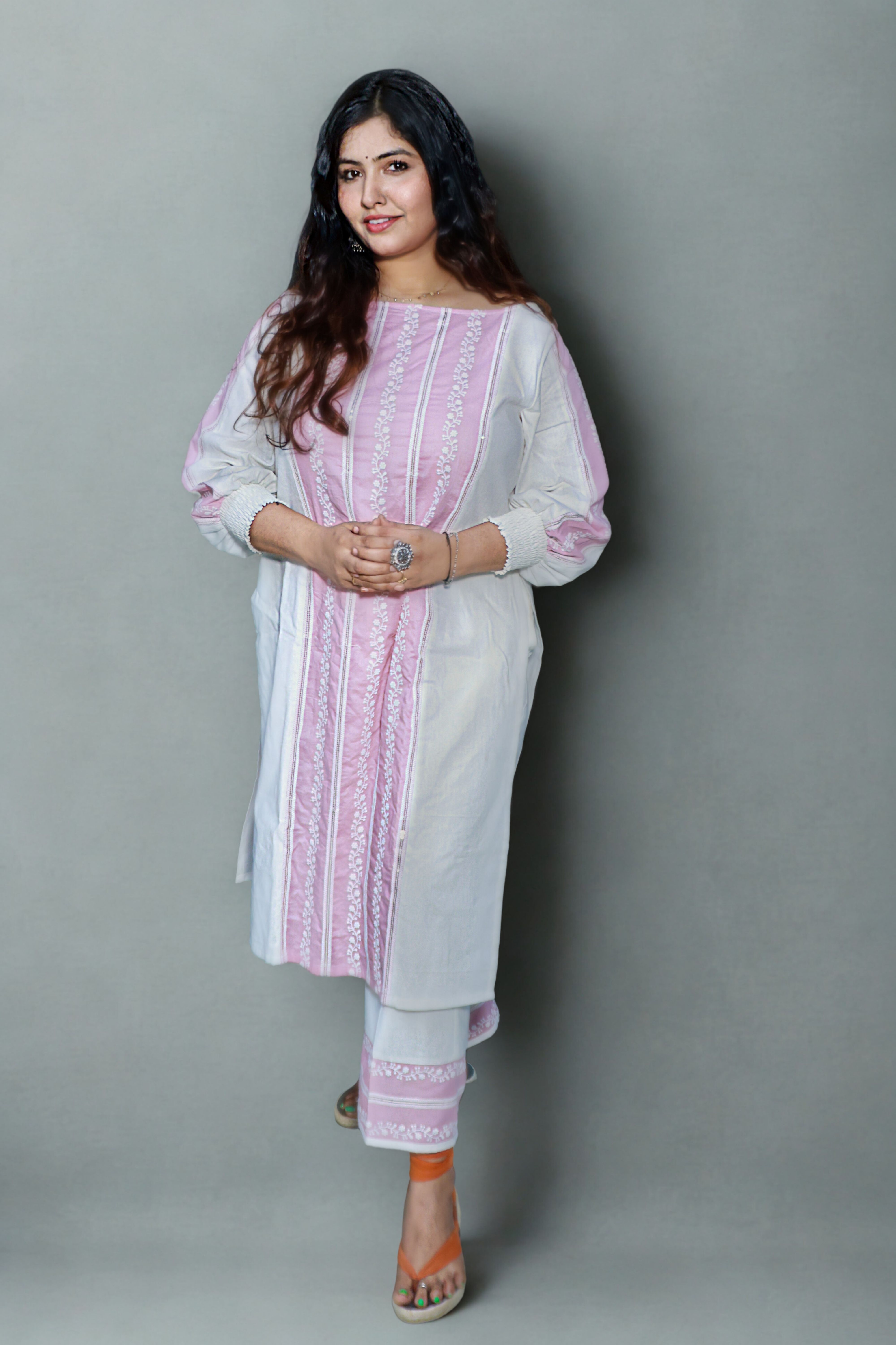 Pink & white Lucknowi chikankari embroidered suit set